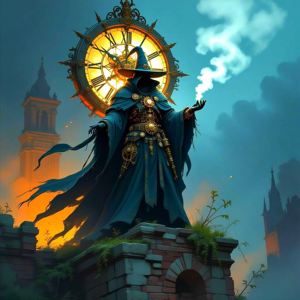 Clockwork Warlock in Ruin with Chiaroscuro Lighting