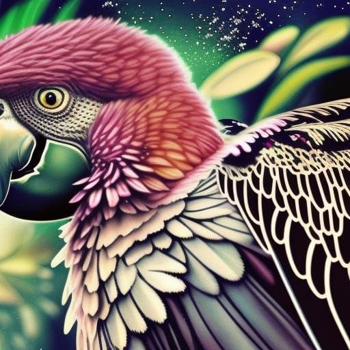 Detailed Pink Parrot Against Starry Night