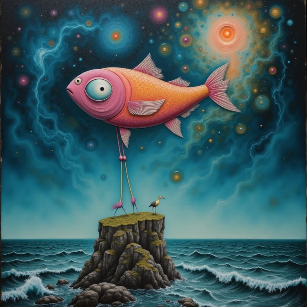 Surreal Fish with Bird Legs on Rocky Island in Churning Ocea...