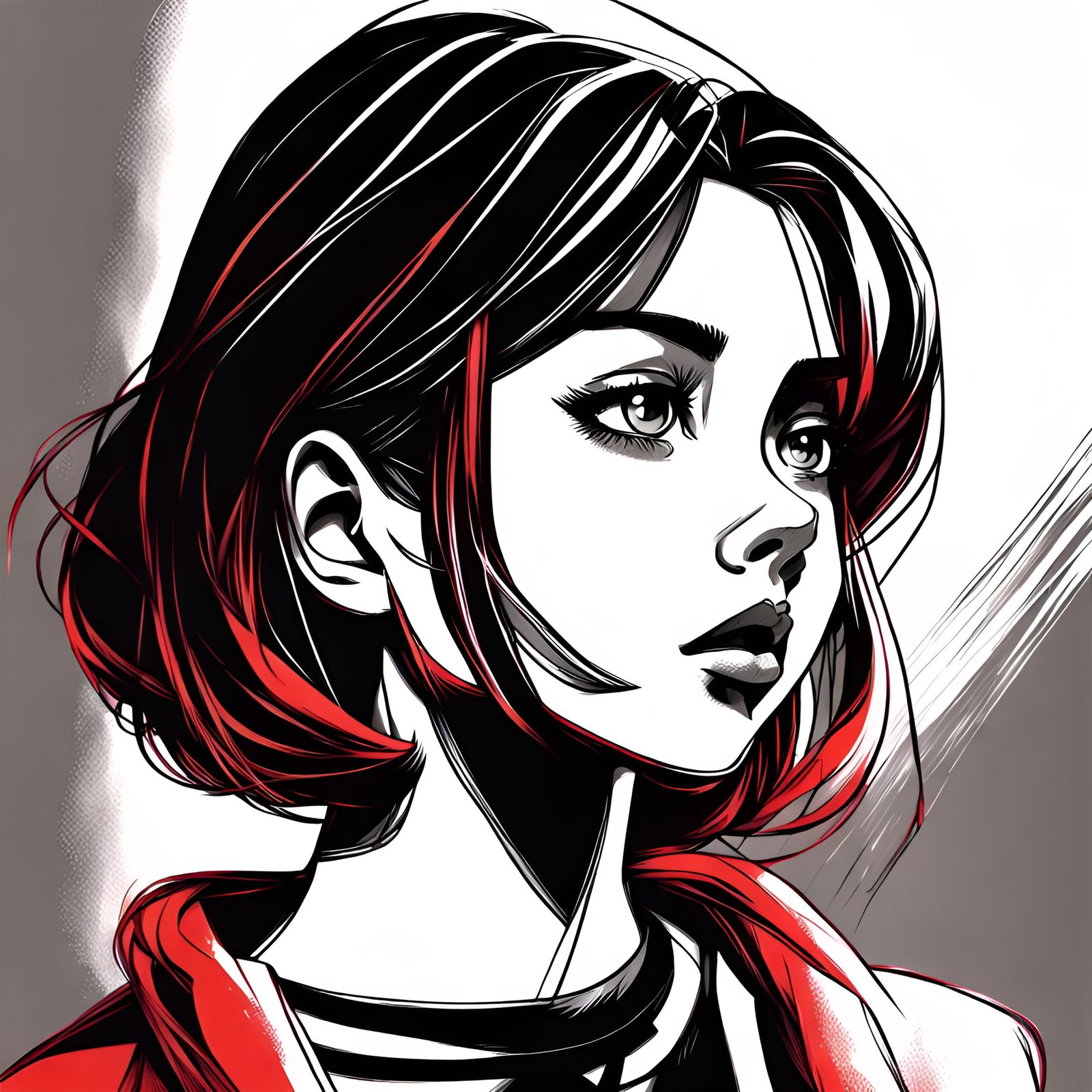 Manga-Inspired Girl Sketch in Red and Indigo