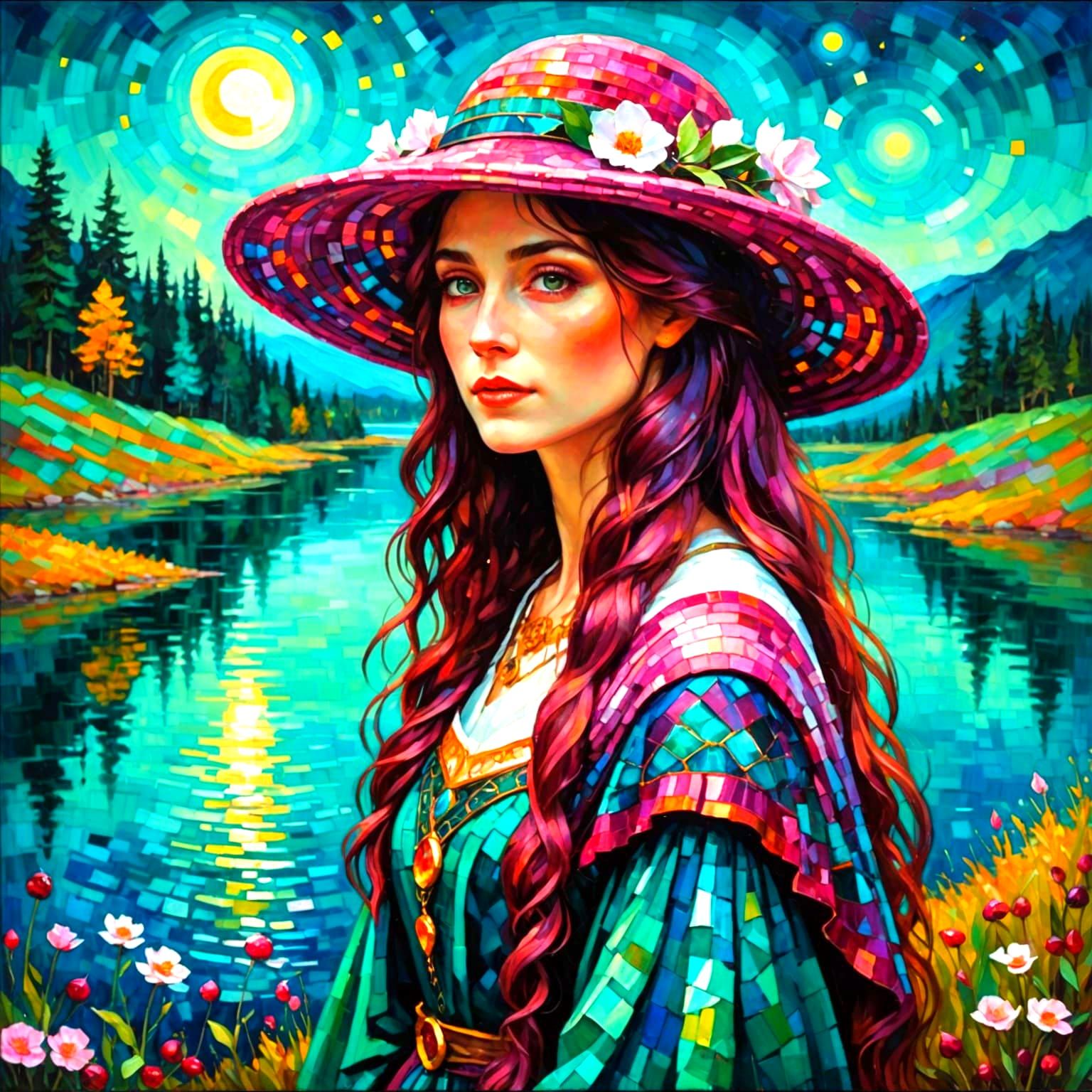 Elven Woman in Klimt-Inspired Cranberry Marshmallow Hat