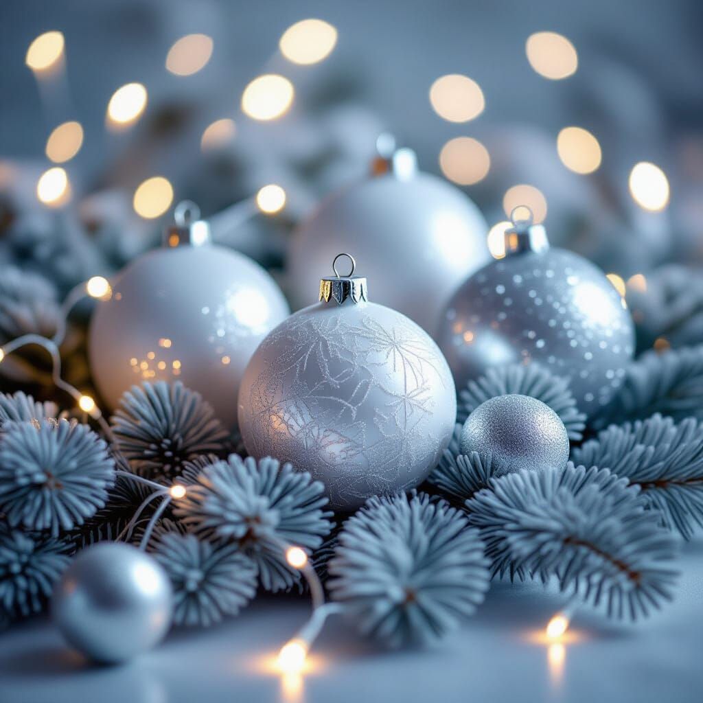 Minimalist Christmas Scene with White & Silver Ornaments