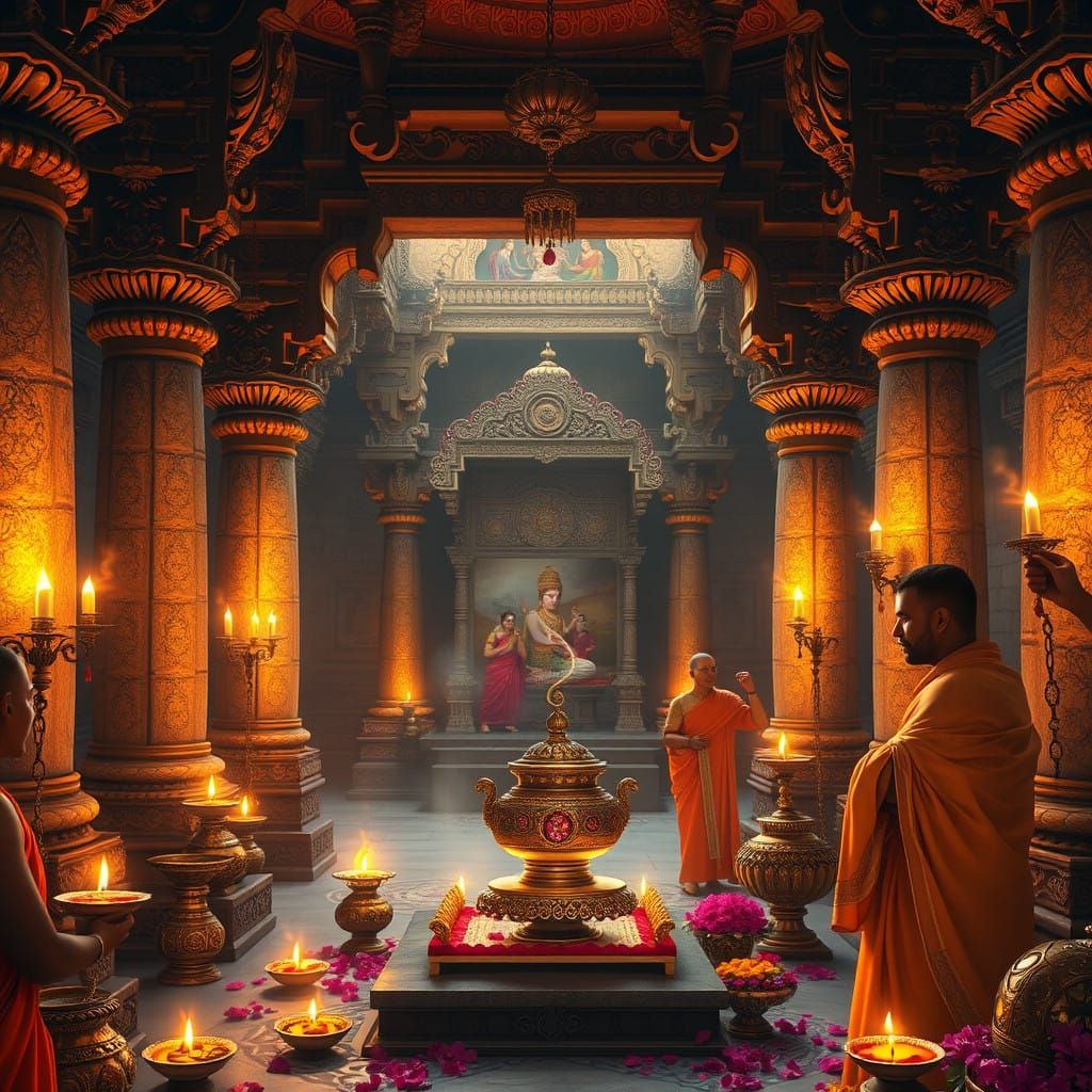 Ancient Indian Temple Scene in Vibrant, Golden Light