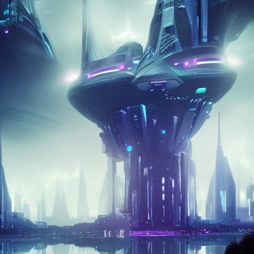 Cyberpunk Alien Swampland with Towering Structures