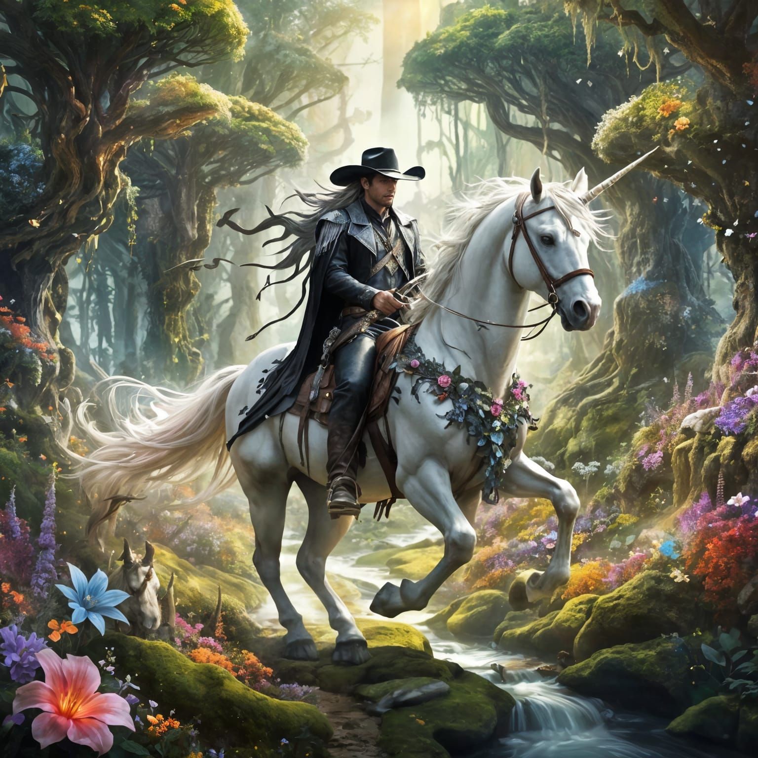 Cowboy Rides Unicorn Through Mystical Forest