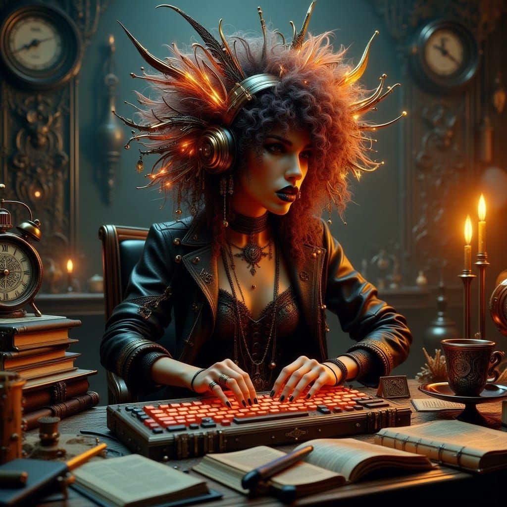 Art Nouveau Punk Wizard Amidst Magical Tech