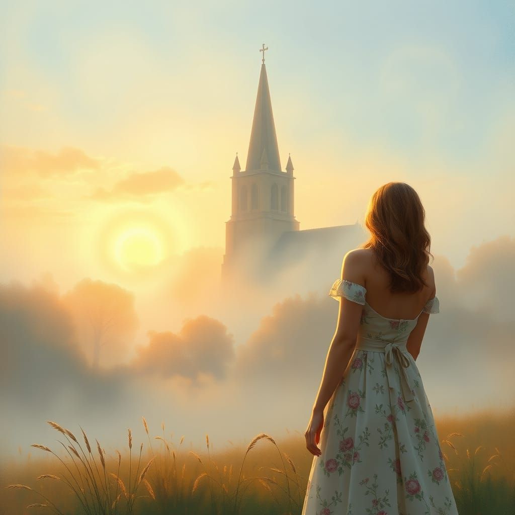 Romantic Church Emerging from Morning Mist