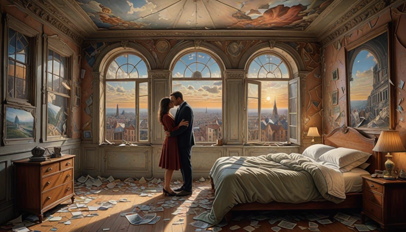 Surreal Couple Embracing in a Distorted Bedroom