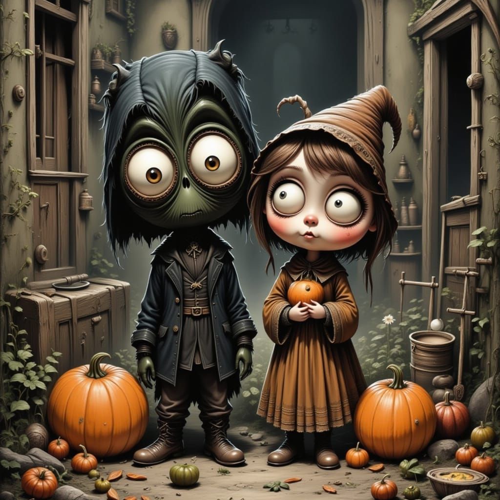 Big-Eyed Children Trick-or-Treating in Quaint Village