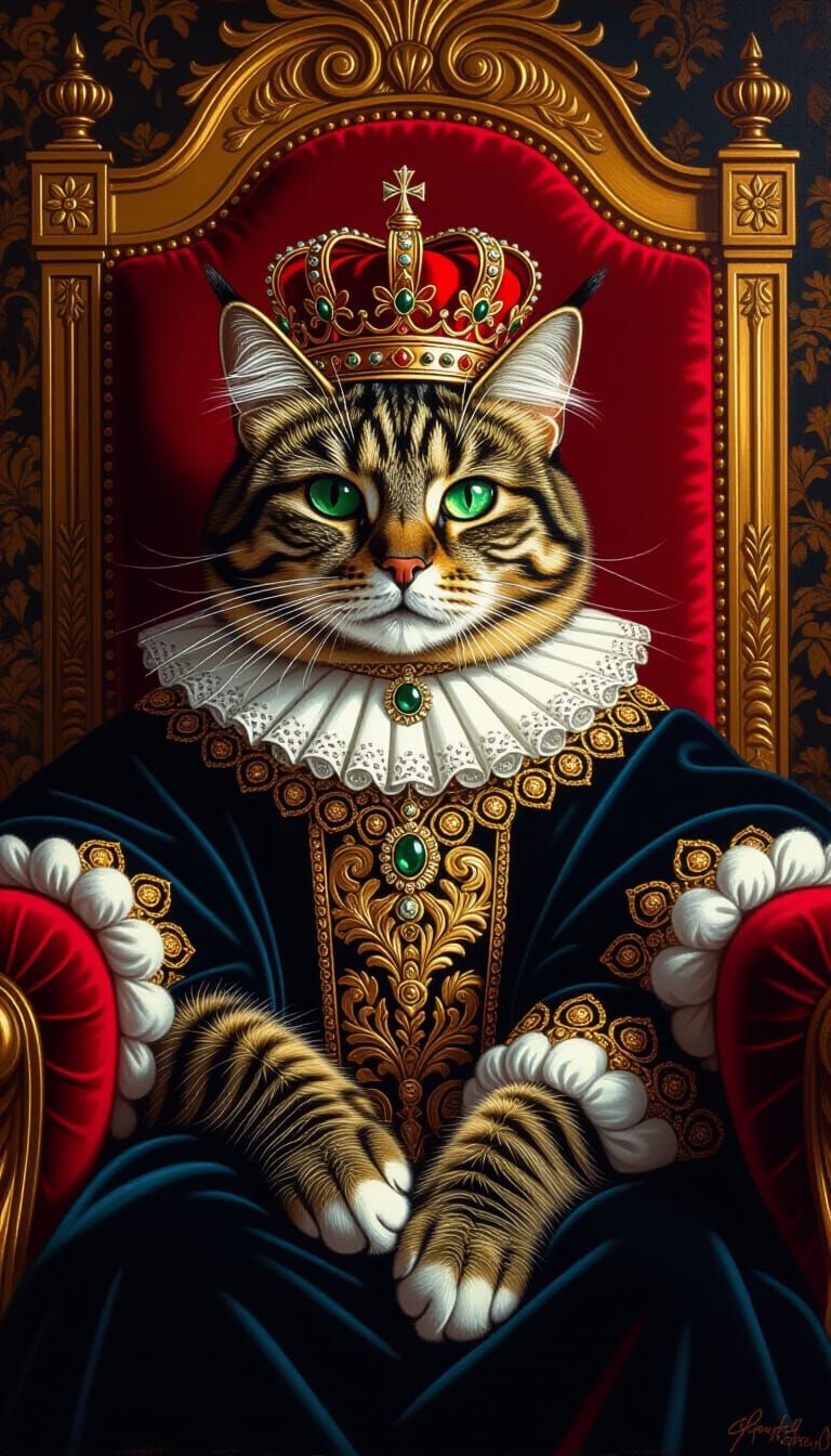 Majestic Cat King on Throne, Hyperrealistic Oil Painting