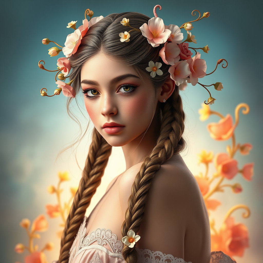 Fantasy Flower Girl Portrait in Art Nouveau Style