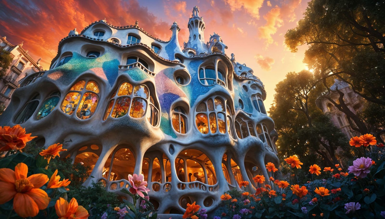 Casa Batlló in Gaudí Style with Sunset