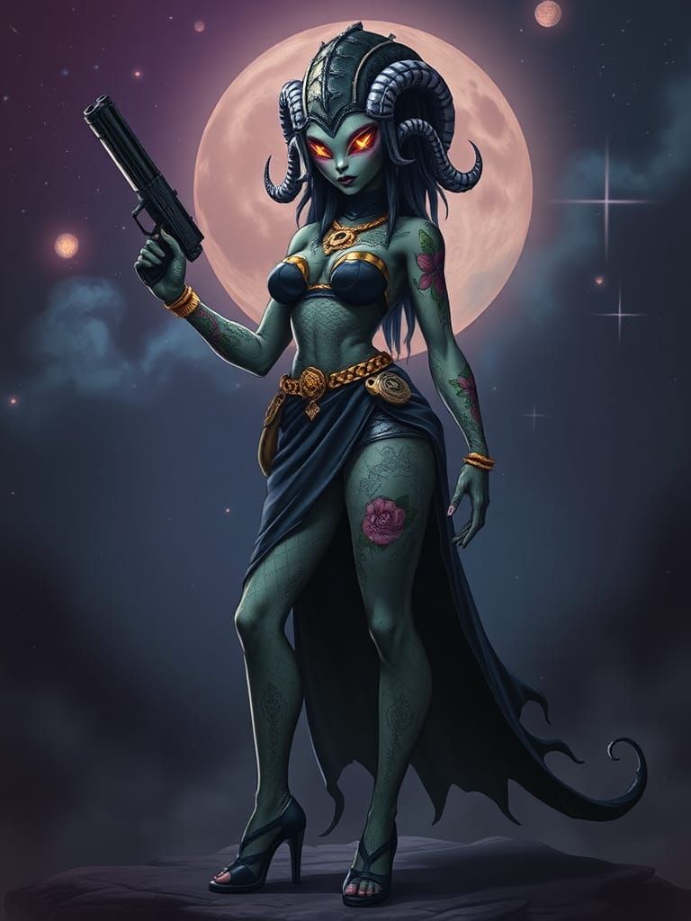 Alien Barbarian Woman with Laser Gun in Cosmic Scene