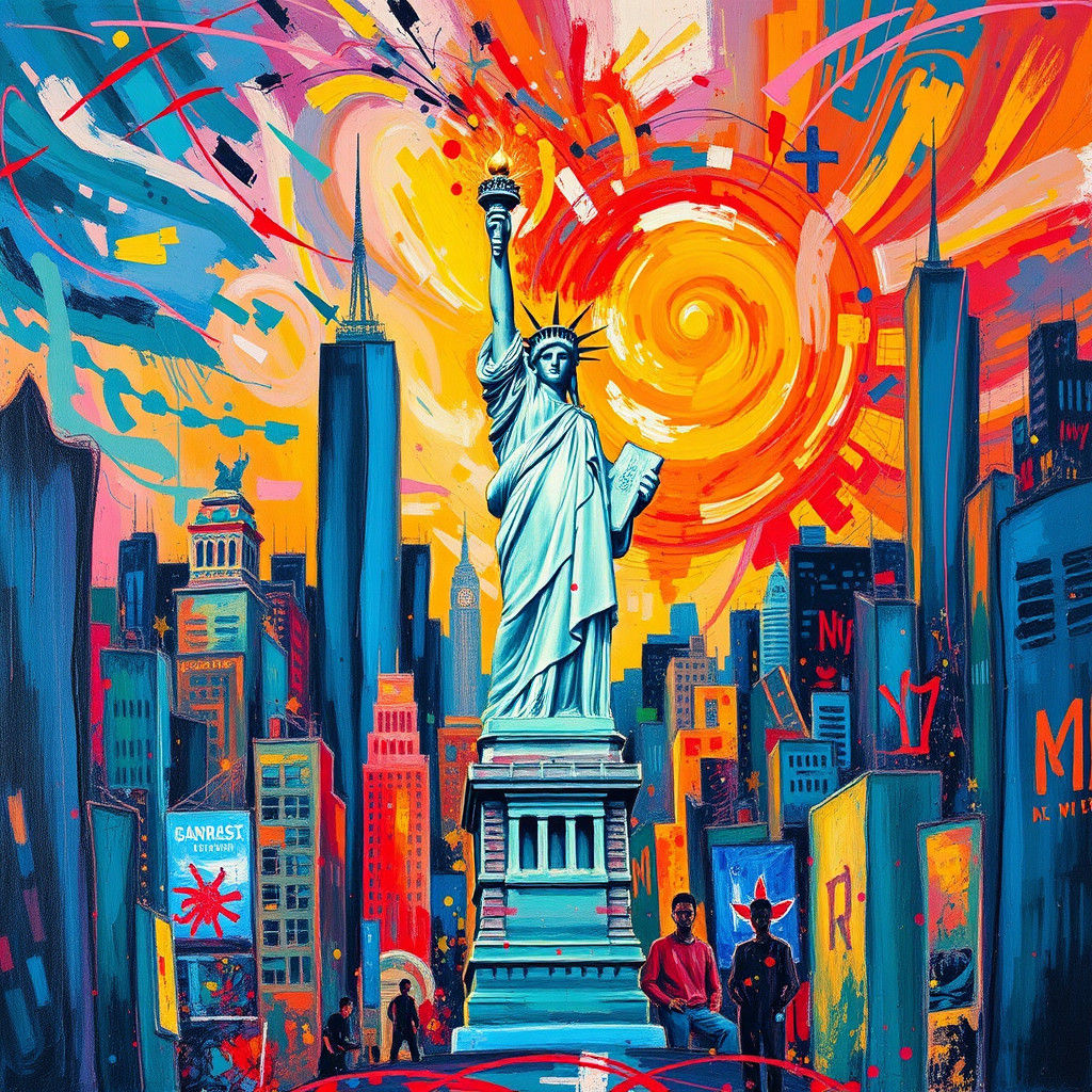Liberty in Expressionist New York Cityscape as Impasto Paint...