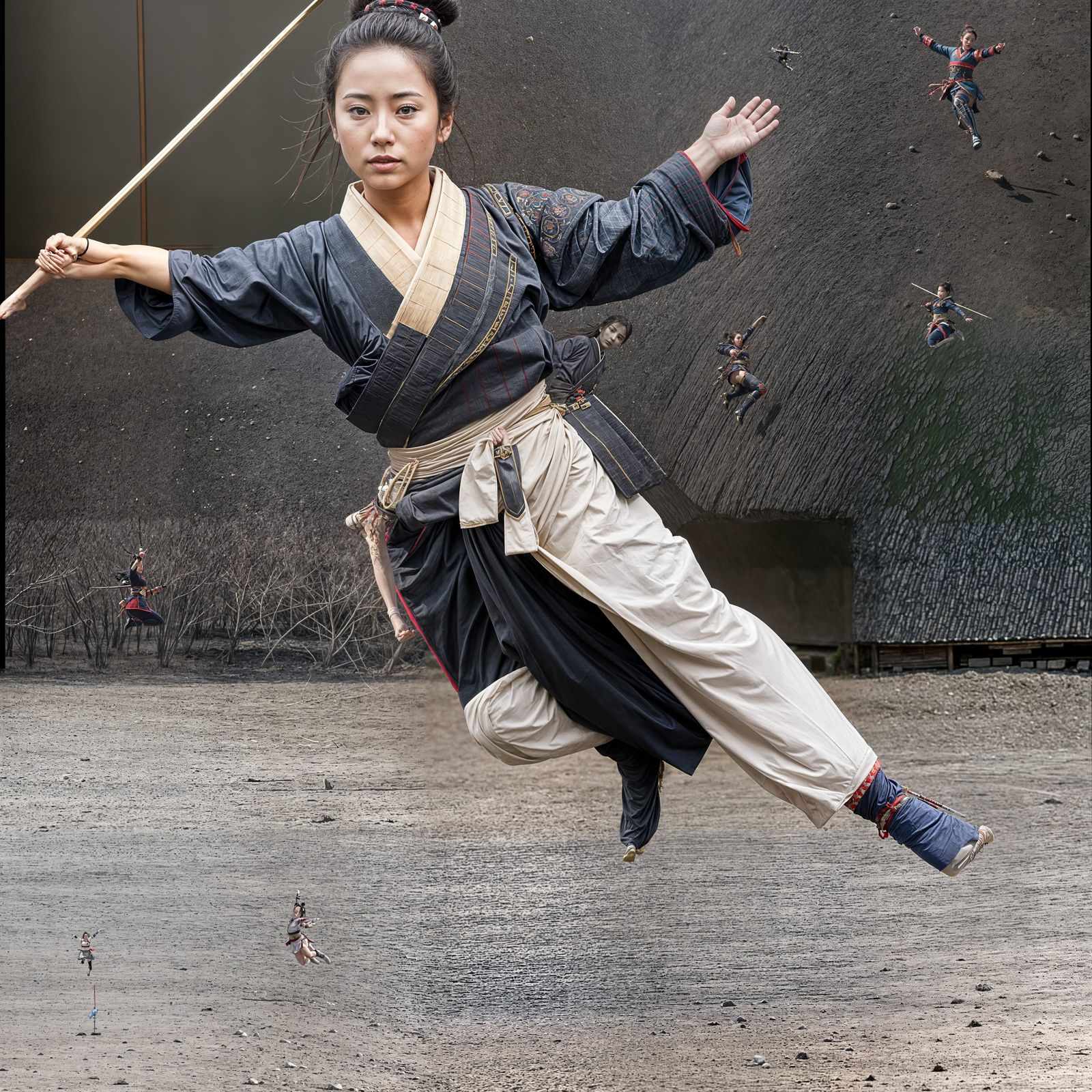 Elegant Female Samurai in Mid-Air Leap