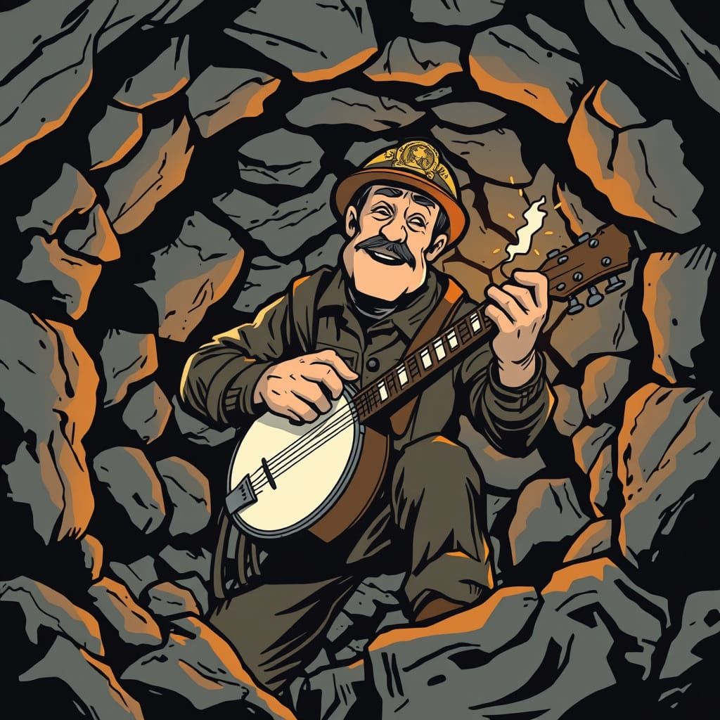 Coal Miner Banjo Player in Comic Book Style