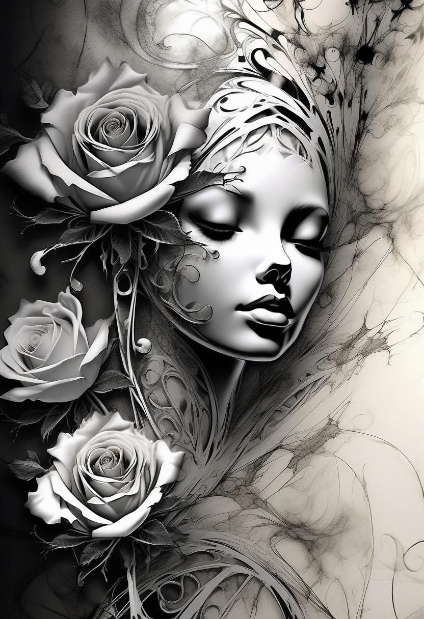 Filigree Fractal Rose in Ink Drawing Style