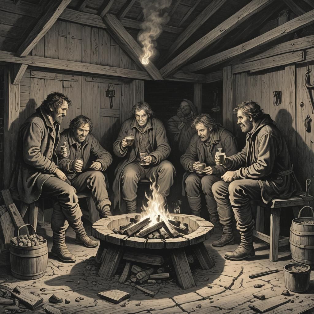 Friends Around Fire Pit in Shed at Night