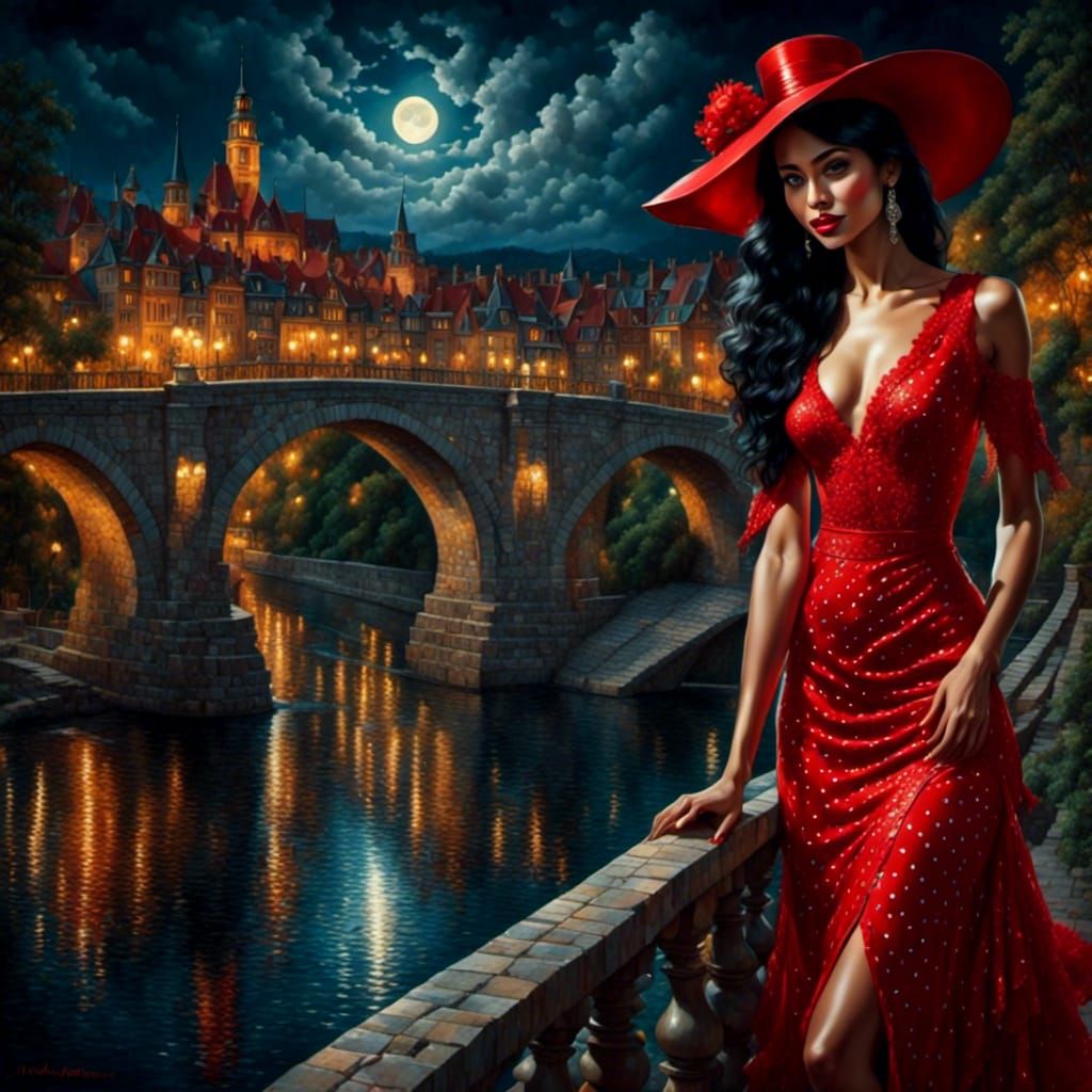 Moonlit Woman in Red Dress Oil Painting