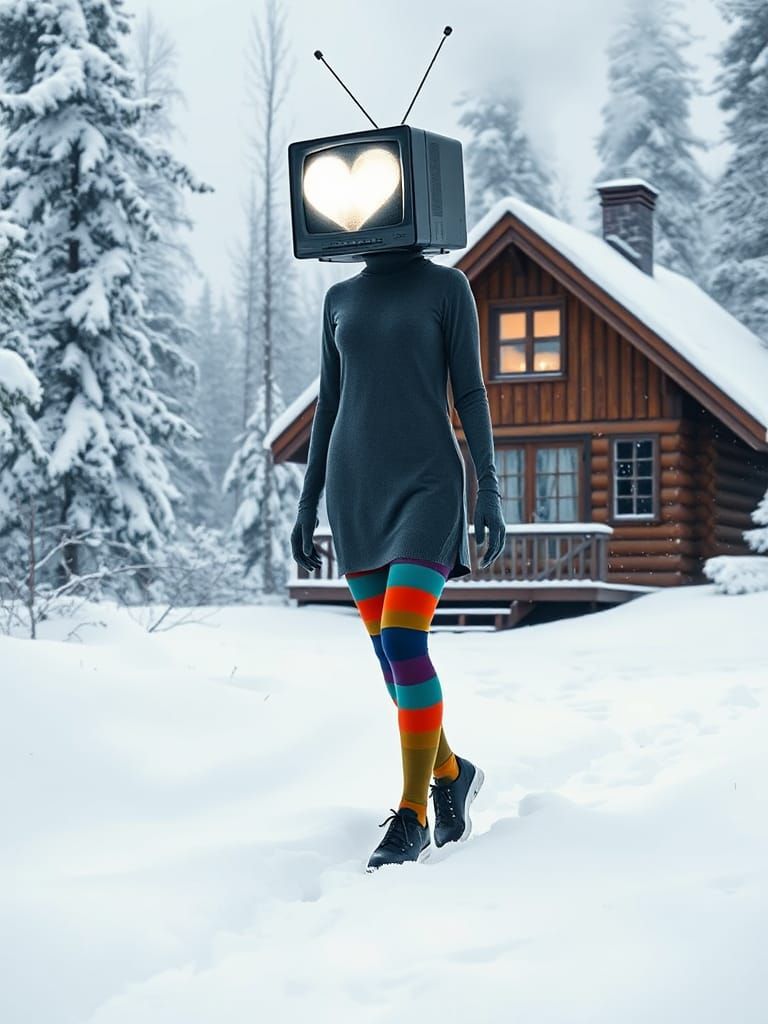 Woman with TV Head in Winter Landscape