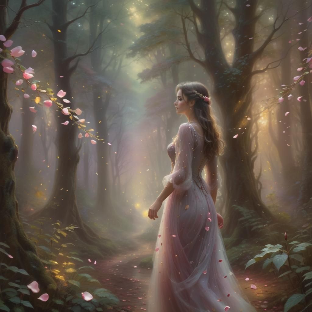 Woman Walks Amid Falling Rose Petals