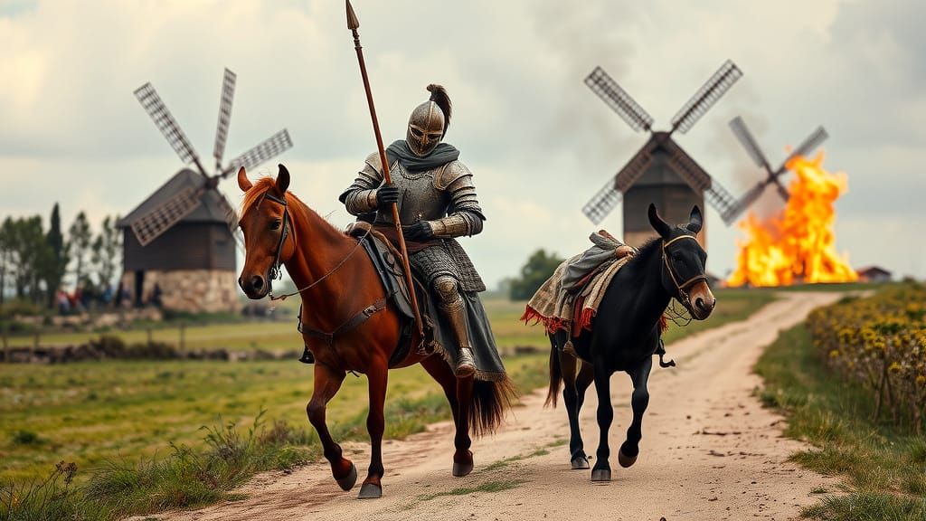 Spanish Knight and Peasant on Horse and Donkey Depart Amidst...