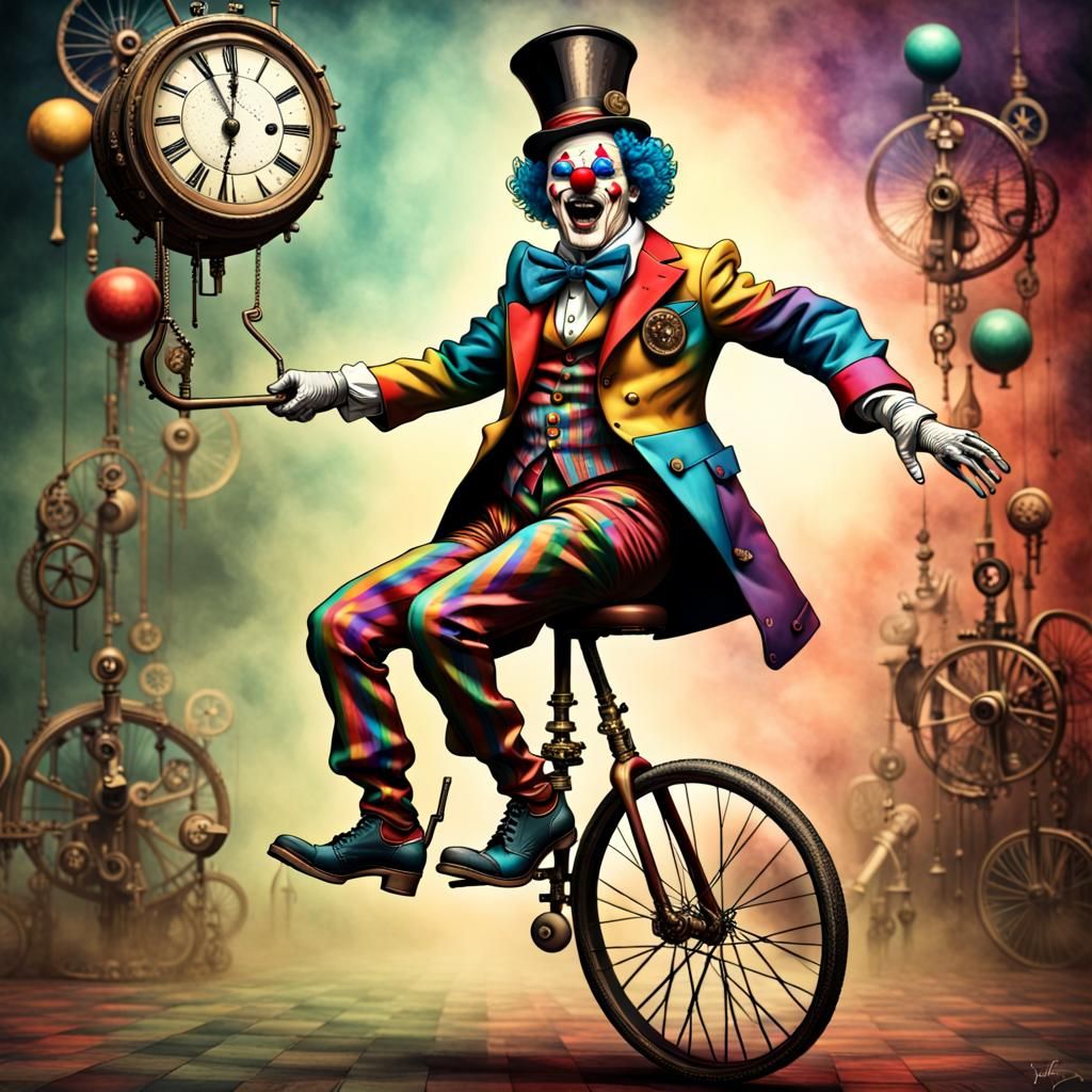 Scary Steampunk Clown on Unicycle: Macabre Horror