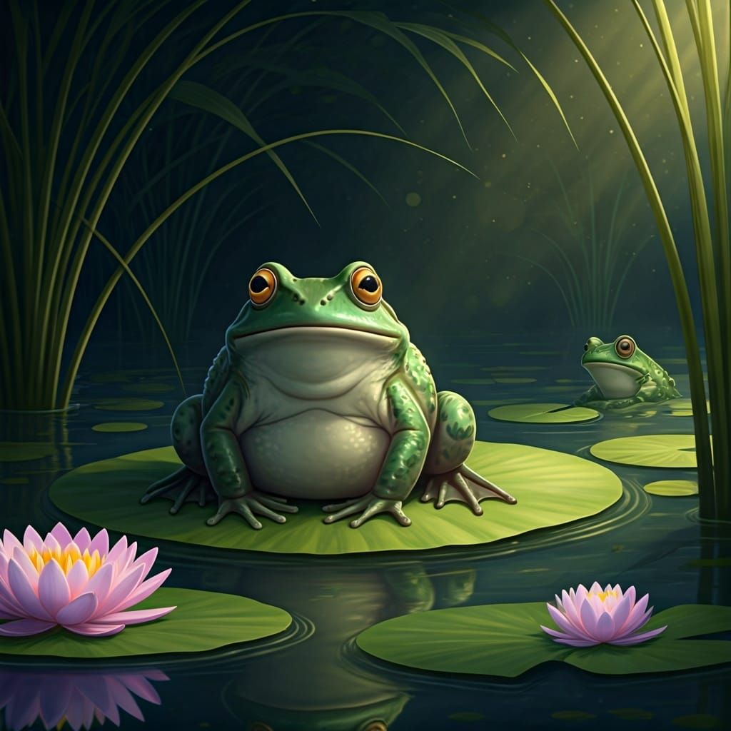 Startled Frog on Lily Pad in Pond