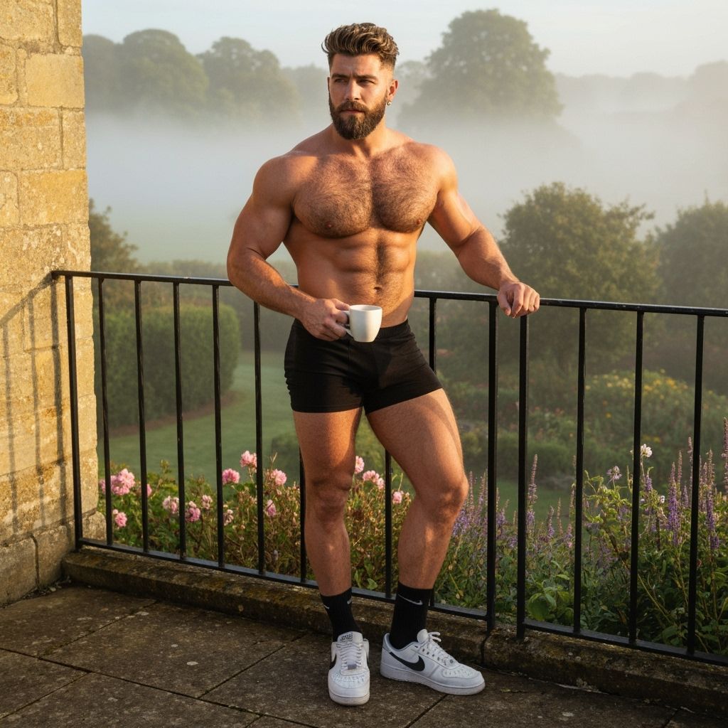 Muscular European Man on English Terrace at Sunrise