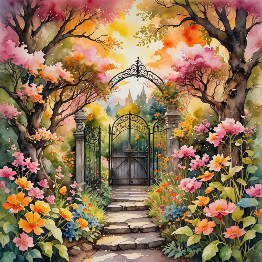 Watercolor Secret Garden Entrance with Sunshine