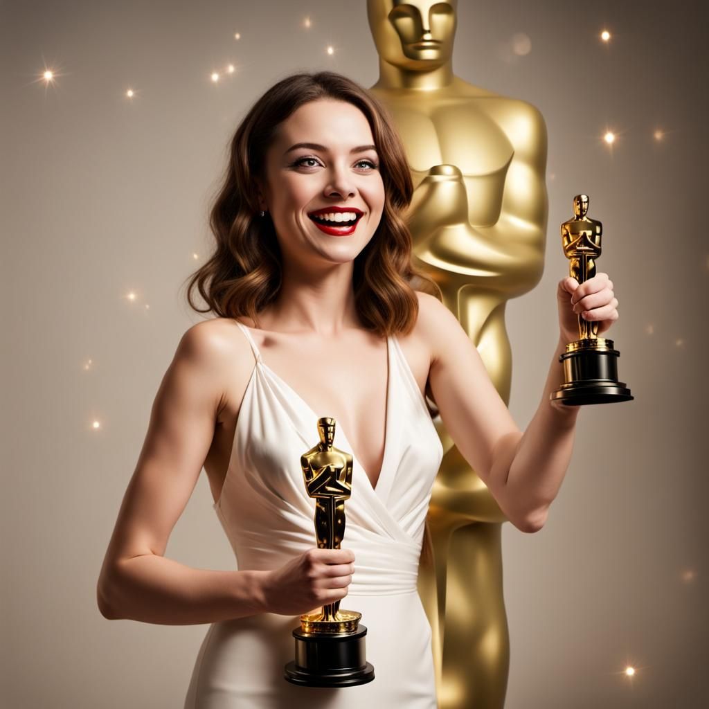 Emotional Woman Receives Oscar Award in Evening Dress