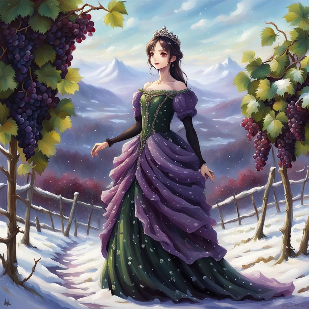 Grape Dress Girl in Winter Landscape as Anime Art