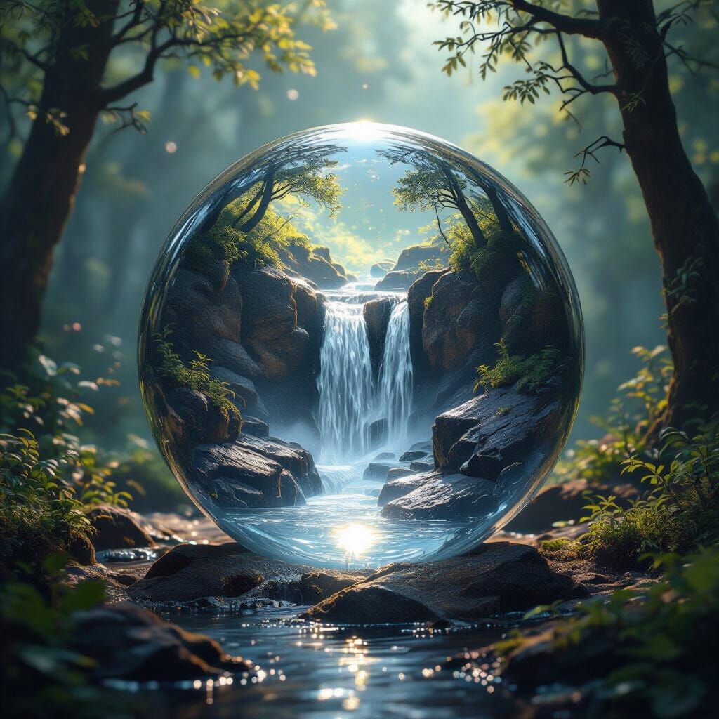 Mystical Crystal Ball With Waterfall Scene