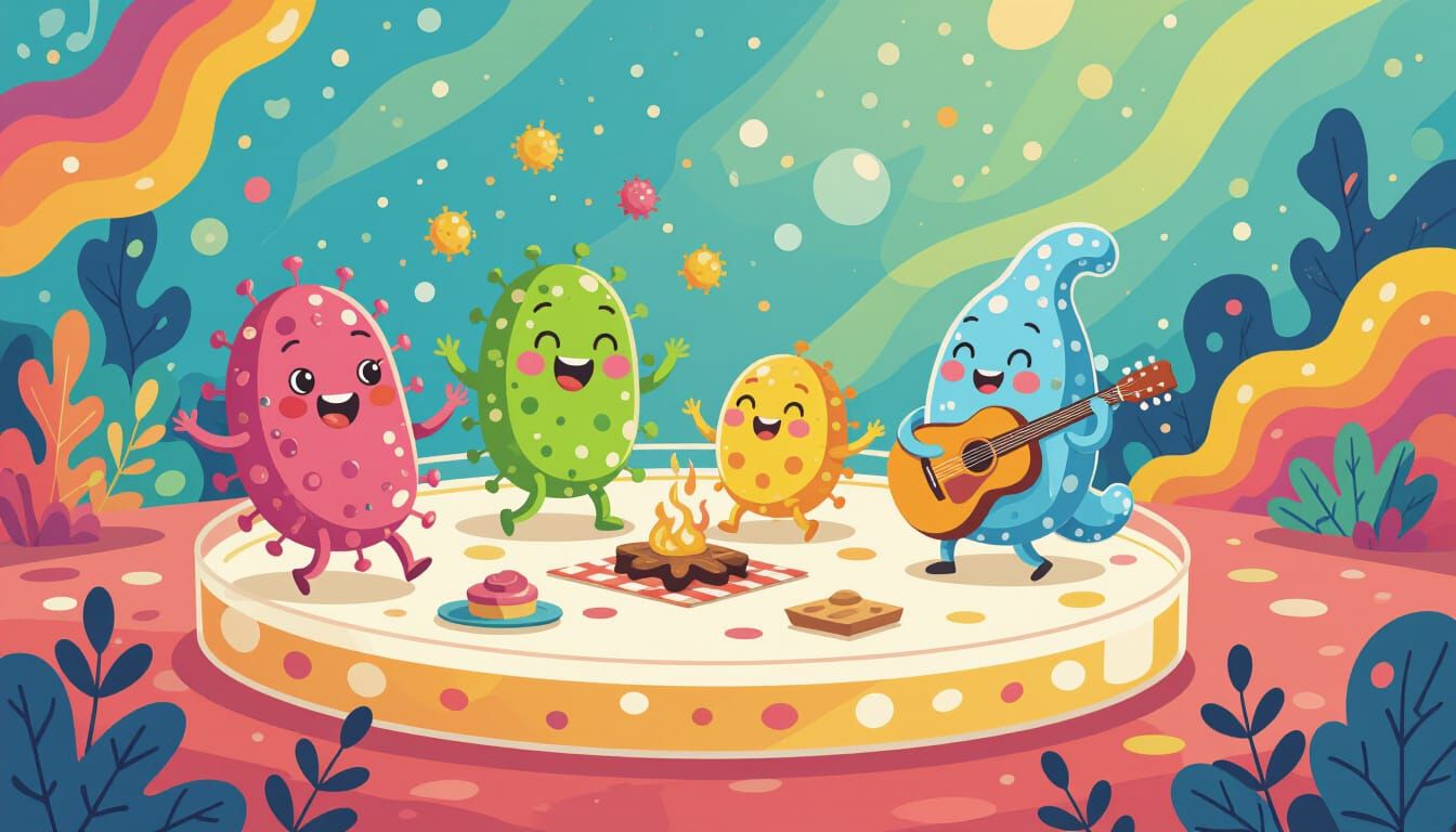Whimsical Bacteria Picnic on Petri Dish Illustration