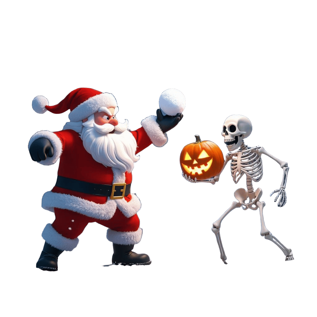 Santa vs Skeleton Snowball Fight in Cartoon Style