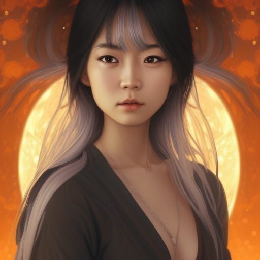 Anime Eyes Asian Woman with Fire and Moon