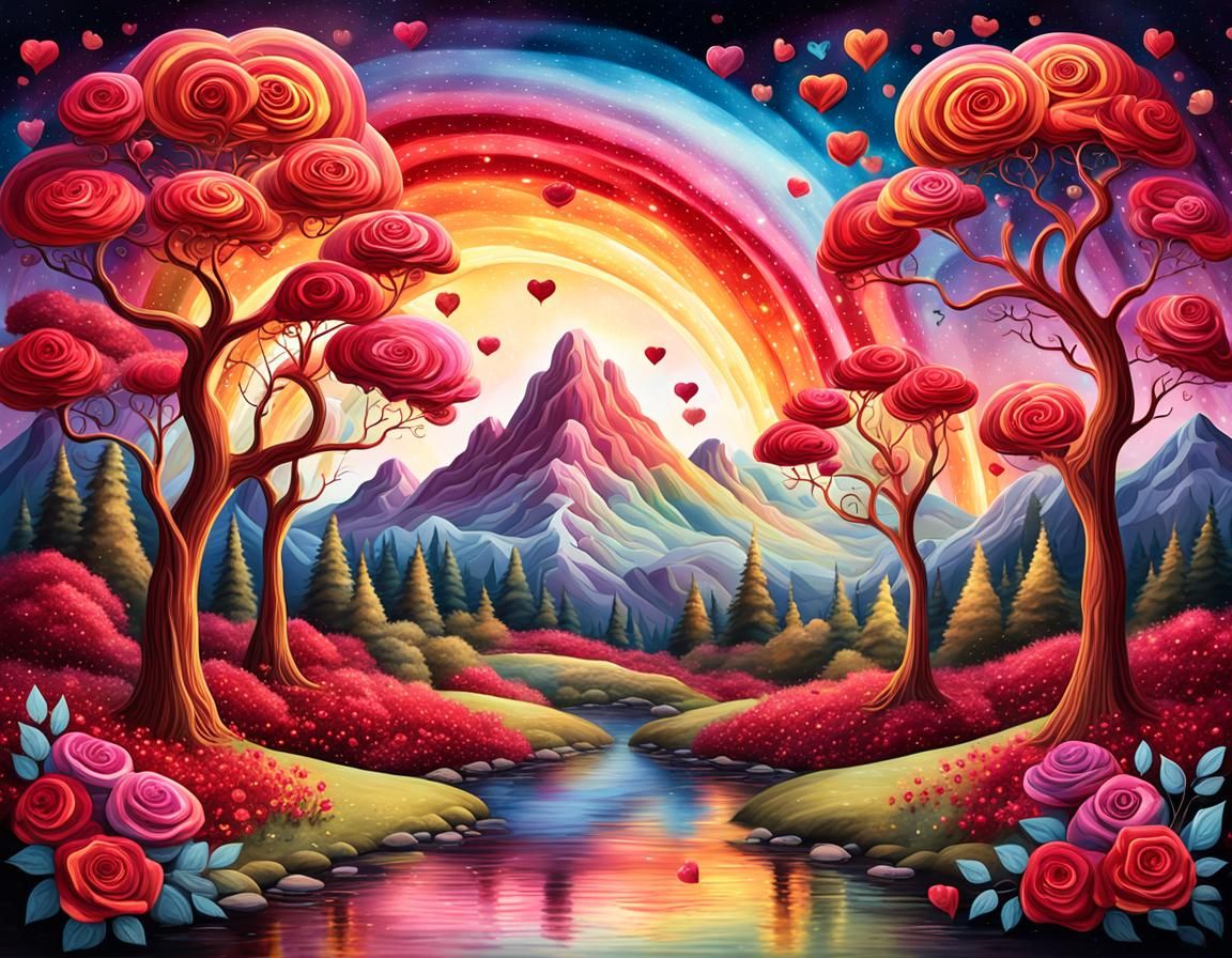 Mystical Garden with Crimson and Gold Rainbow: 3D Render