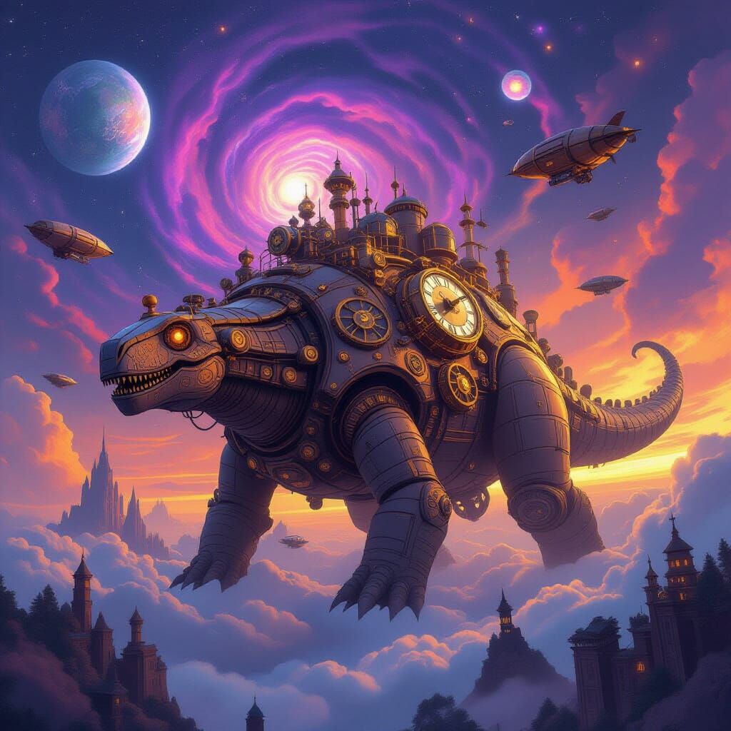 Steampunk City on Giant Ankylosaurus in Nebula