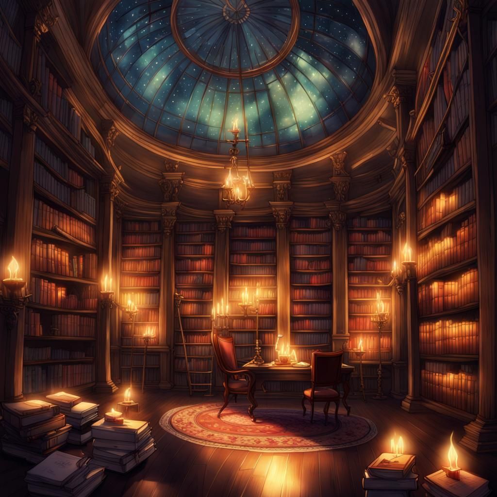 Enchanted Library with Antique Books, in Anime Style