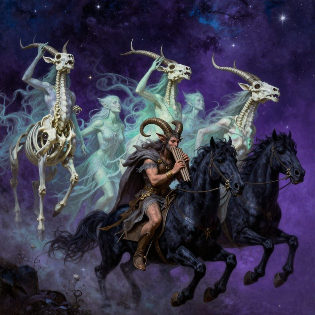 Dionysus Leads Spectral Wild Hunt Across Starry Sky
