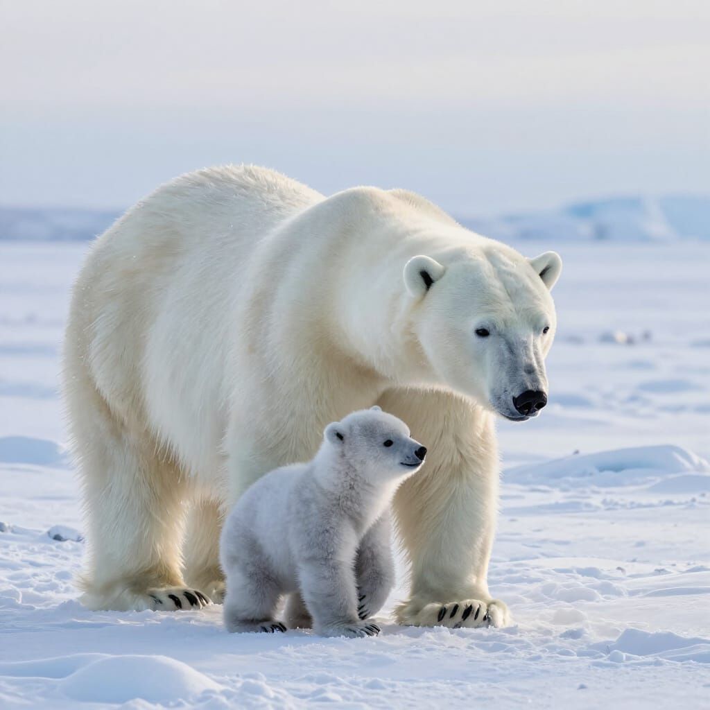 Polar Bear Mother and Cub in Arctic Light