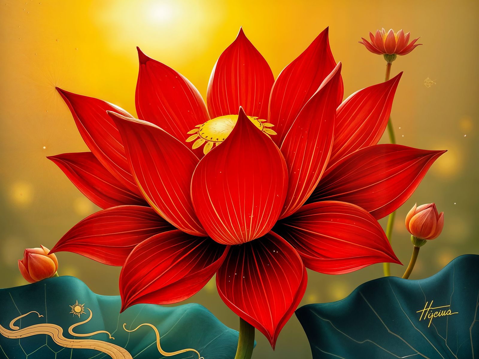 Vibrant Red Lotus Blossom in Morning Light