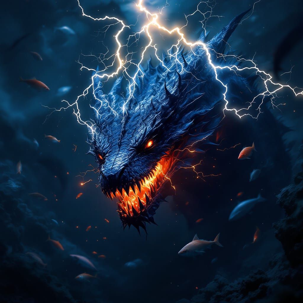 Dark Blue Dragon in Deep Sea, Dark Fantasy Art