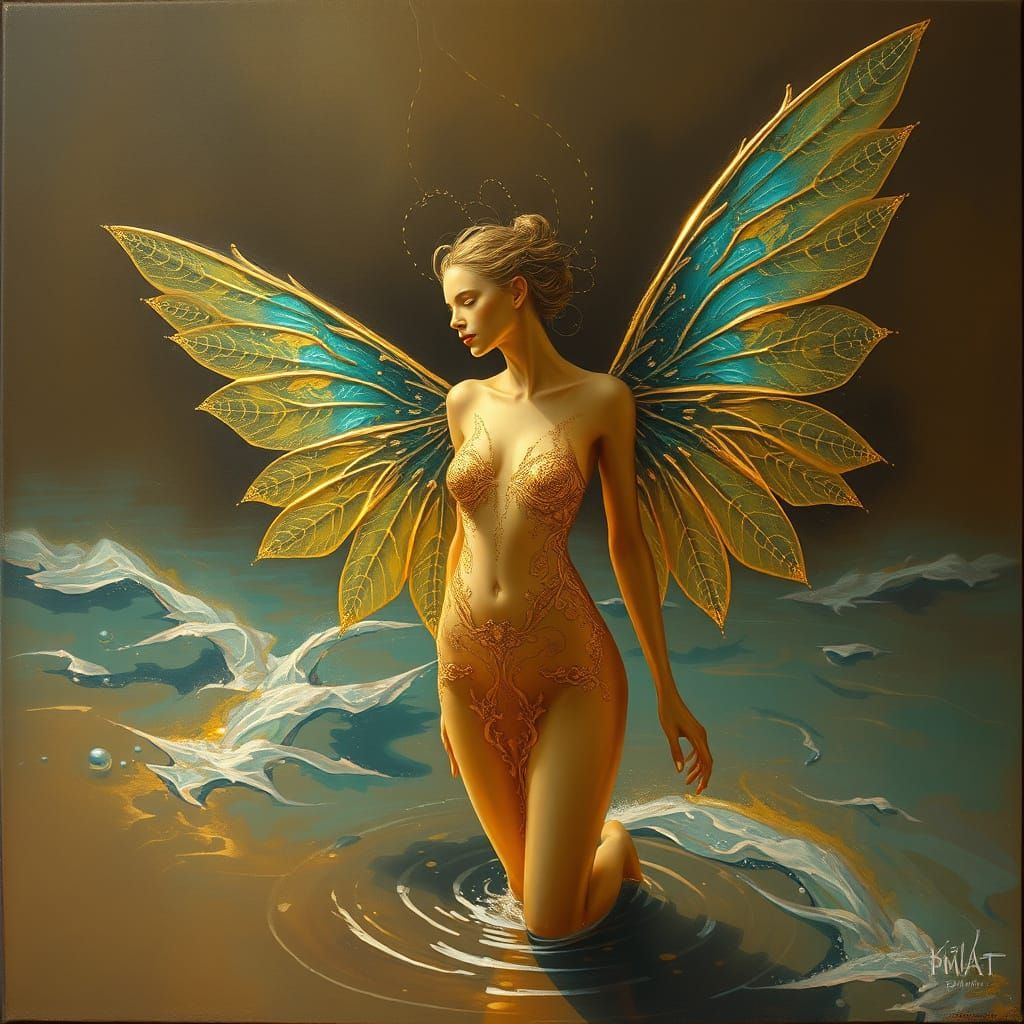 Golden Figure Merging With River Reflection