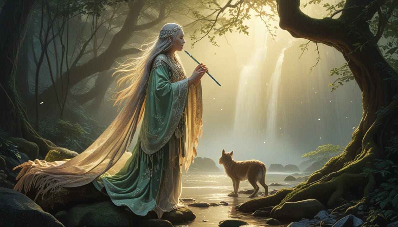 Ethereal Shaman Woman Plays Flute in Misty Waterfall at Dawn
