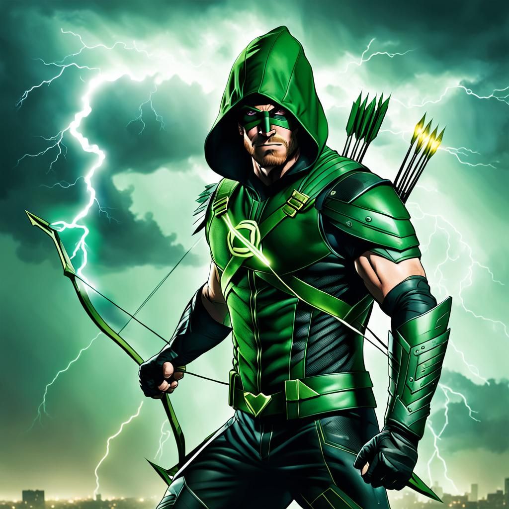 Green Arrow with Dramatic Lightning Backdrop