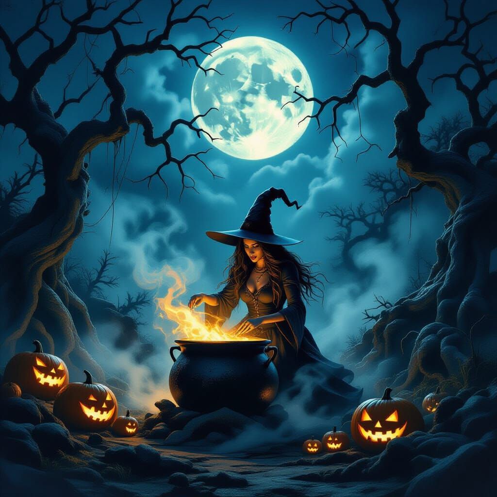 Spectral Witch Stirring Cauldron Under Full Moon