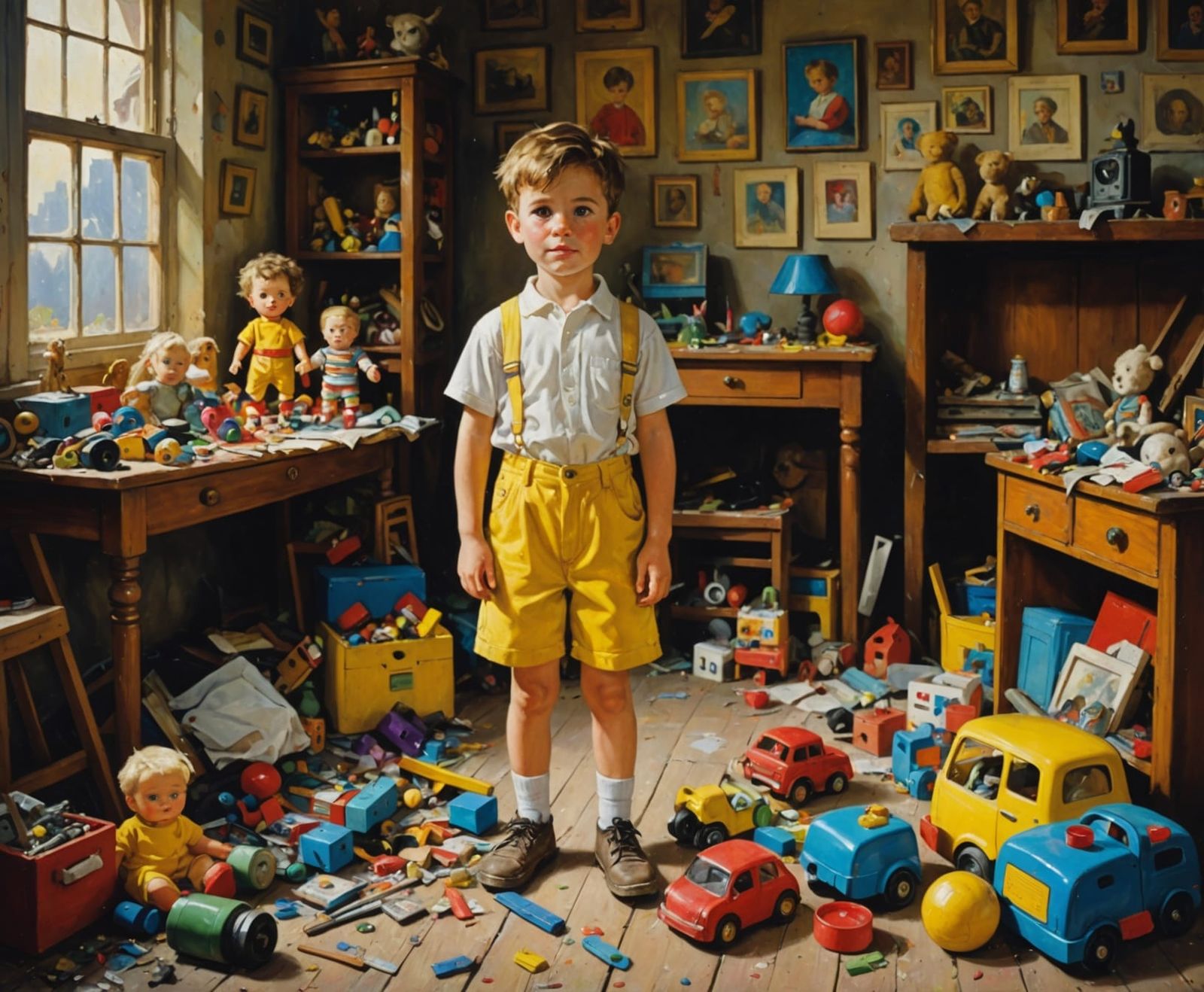Child in Cluttered Room, Oil Painting Style