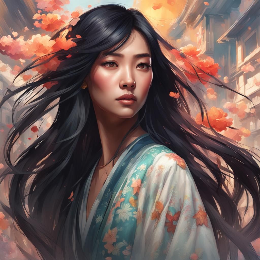 Detailed Portrait of an Asian Woman in Art Nouveau Style