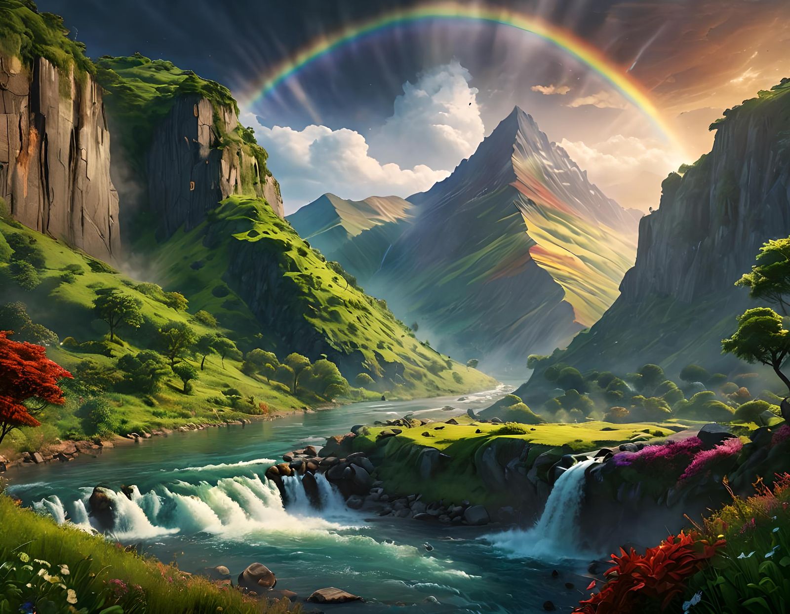 Fantastical Landscape with Rainbow and Lush Green Mountain